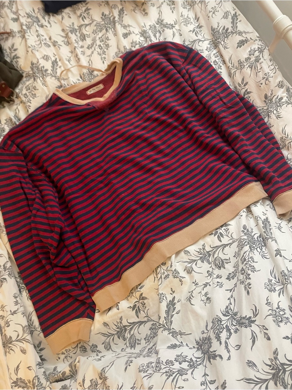 Free People Striped Crewneck Sweater - Red & Navy with Tan Trim